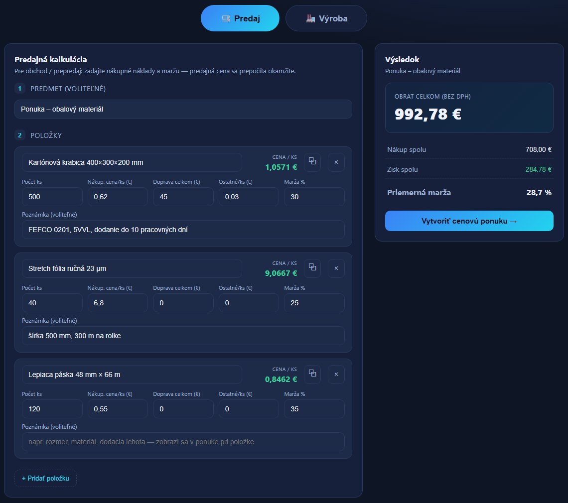 NEXIRA PACK — predajná kalkulácia s tromi položkami, cenou za kus a celkovým obratom
